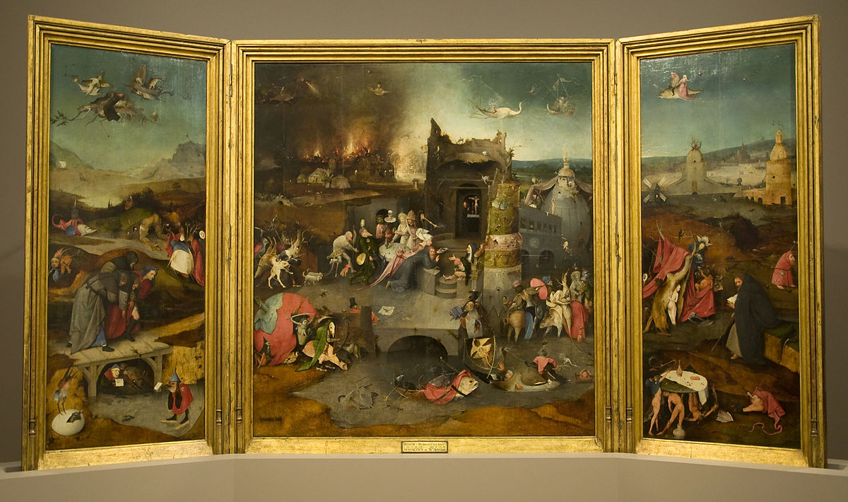 The Temptation Of St Anthony, Hieronymus Bosch, 1501, Oil on panel, 131 cm × 228 cm, Museu Nacional de Arte Antiga, Lisbon